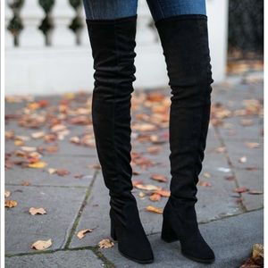 Black faux leather over the knee boots (OTK)